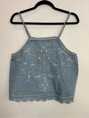 American Eagle Outfitters Light Blue Embroidered Denim Cami boho cottage size L
